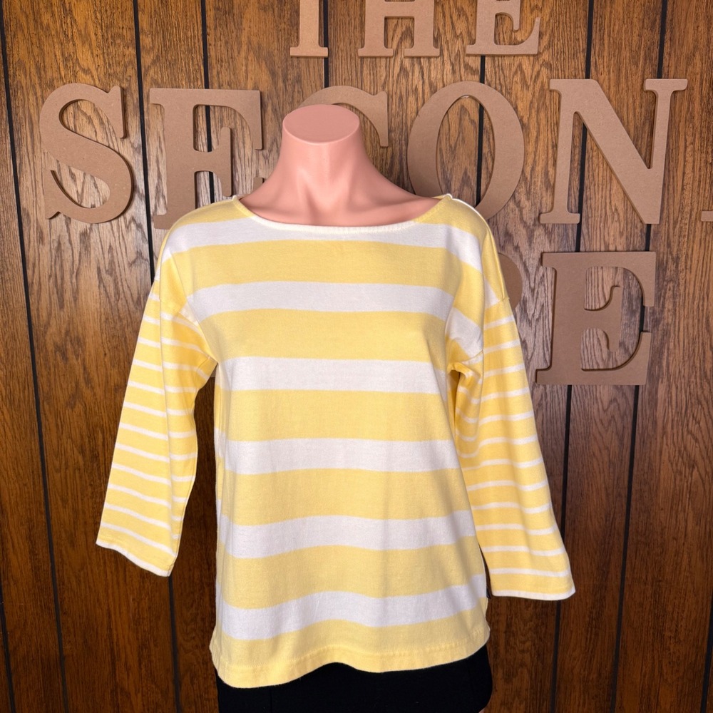 L.L. Bean Striped Boatneck Top Women XS Petite Yellow White Cottagecore Retro